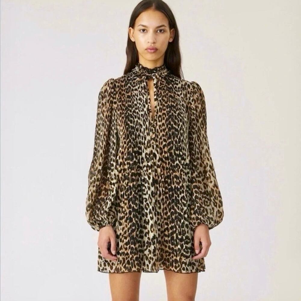 Ganni Pleated Georgette Leopard Mini Dress